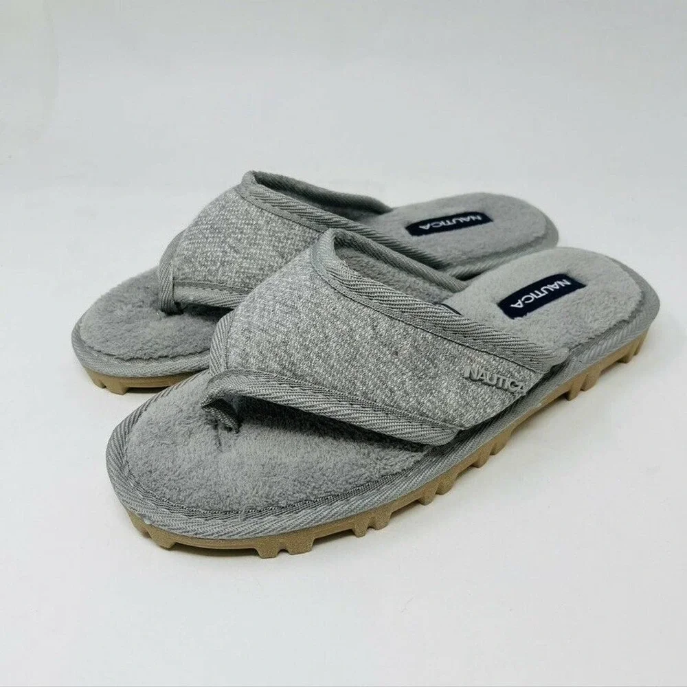 New Nautica Womans Sz 9M Fuzzy Faux Fur Gray Slip-On Slippers Hard Bottoms NWT - Picture 5 of 8